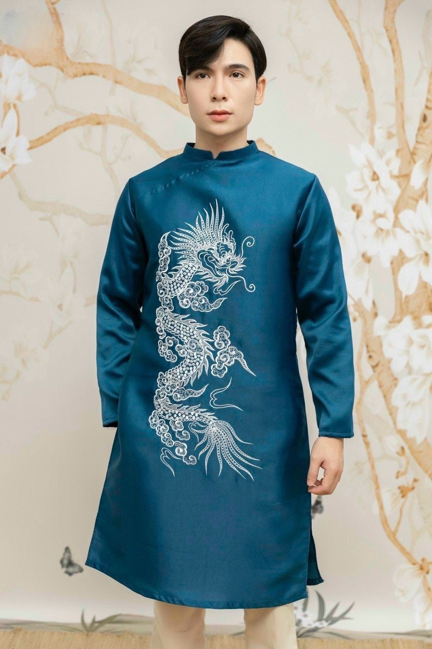 Men Prussian Blue Embroidery Dragon Ao Dai Set