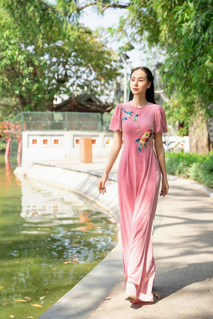 Mom and Daughter Light Pink Embroidery Velvet Ao Dai Top Only, NO PANTS