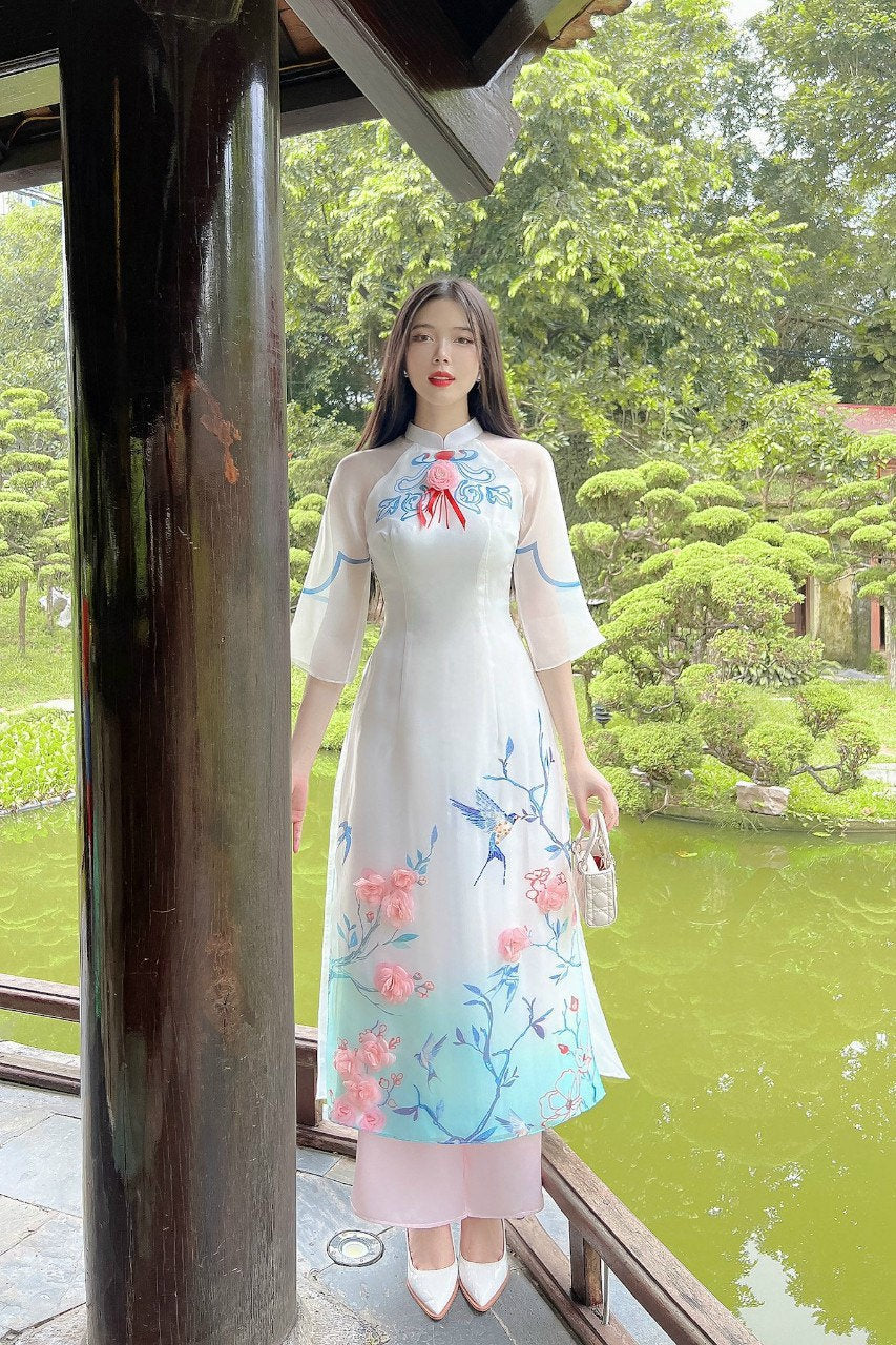 White & Blue 3D Rose Ao Dai Set