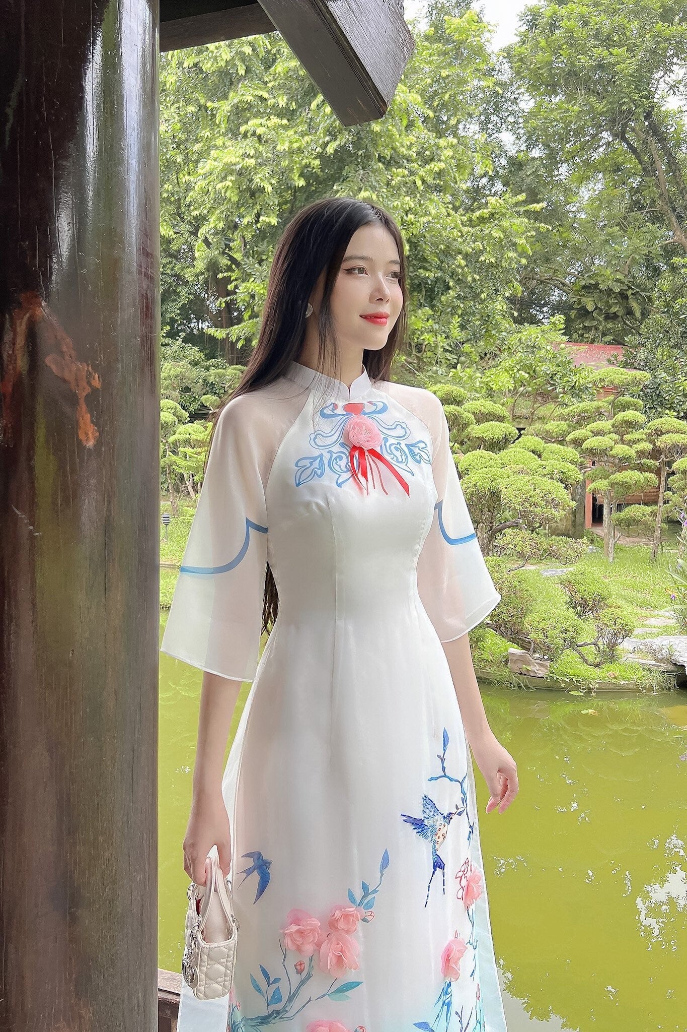 White & Blue 3D Rose Ao Dai Set