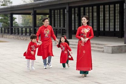Family Red Embroidery Ao Dai Set