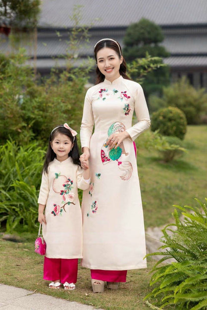 Family Cream Embroidery Ao Dai Set