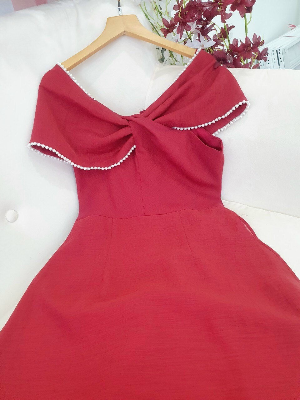 Red Off Shoulder Pearl Ao Dai Set