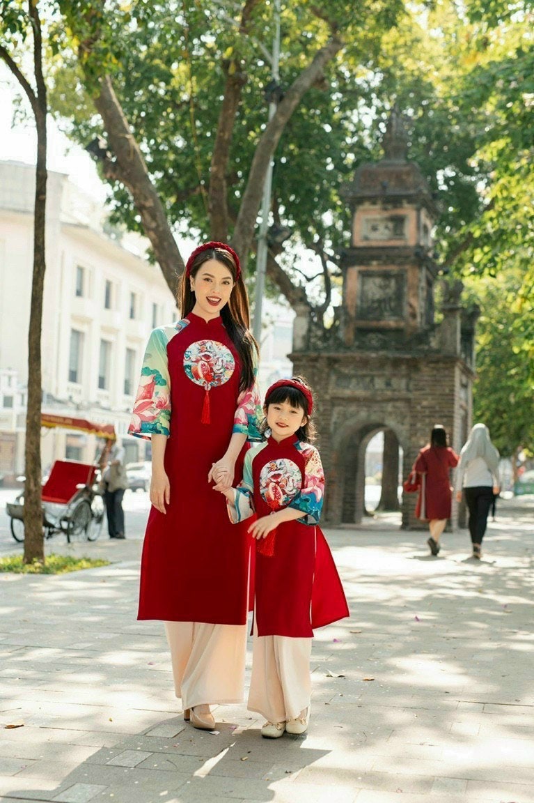 Taffeta Material Family Red Lotus & Koi Ao Dai Set