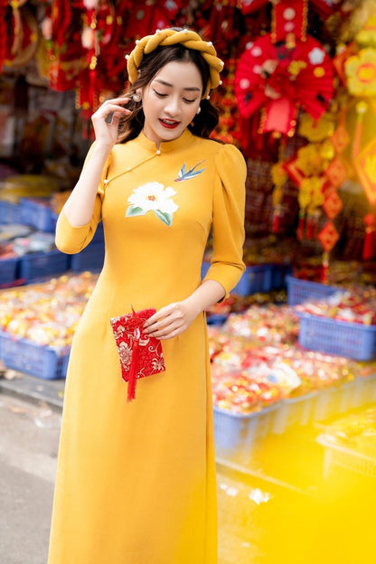 Family Yellow Embroidery Ao Dai Set (No Headband)