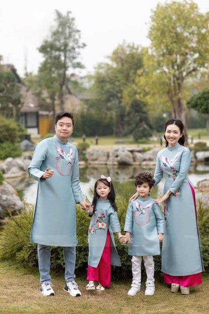 Family Blue Embroidery Ao Dai Set