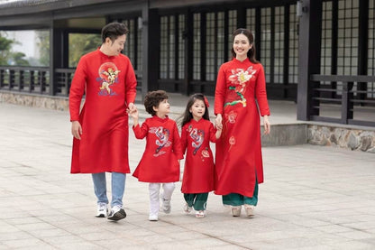 Family Red Embroidery Ao Dai Set