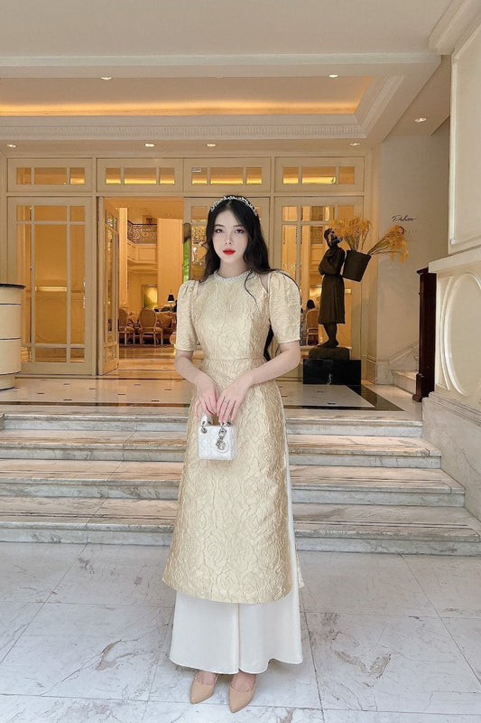 Beige Pearl Cut-out Puffy Sleeve Ao Dai Set