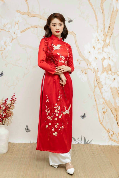 Family Red Embroidery Mai Ao Dai Set