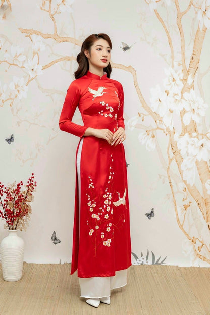 Family Red Embroidery Mai Ao Dai Set