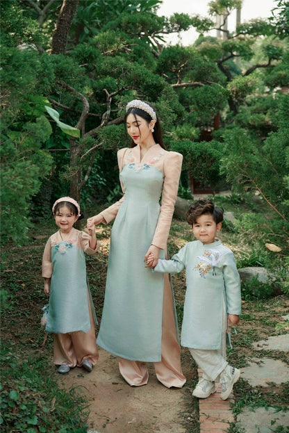 Family Blue & Pink Ao Dai Set
