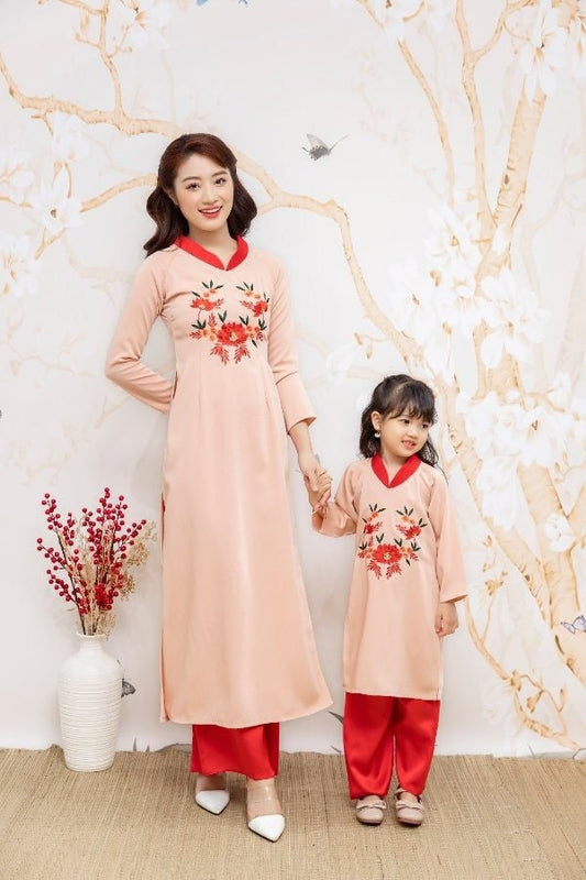 Mom and Daughter Pink / Red Embroidery Matching Ao Dai Set