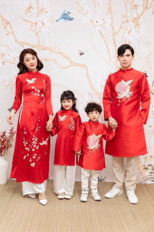 Family Red Embroidery Mai Ao Dai Set