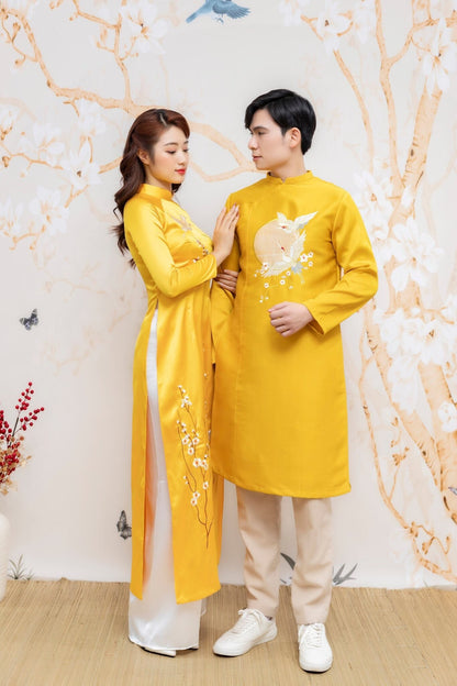 Family Yellow Embroidery Mai Ao Dai Set