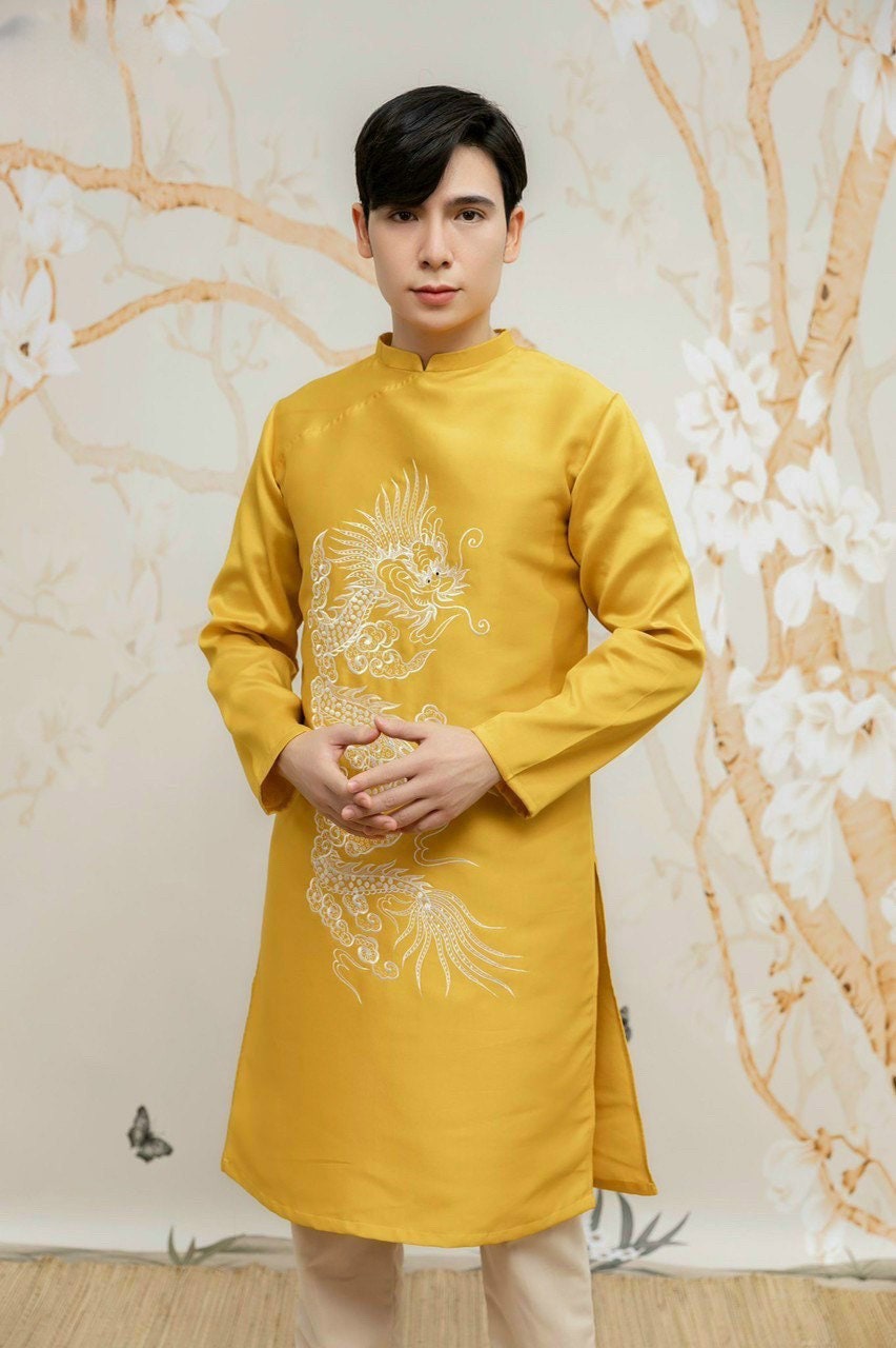Men Yellow Embroidery Dragon Ao Dai Set| Pre-made Traditional Vietnamese Ao Dai| Lunar New Year | Ao Dai for Dad, Boy | Ao Dai Tet |