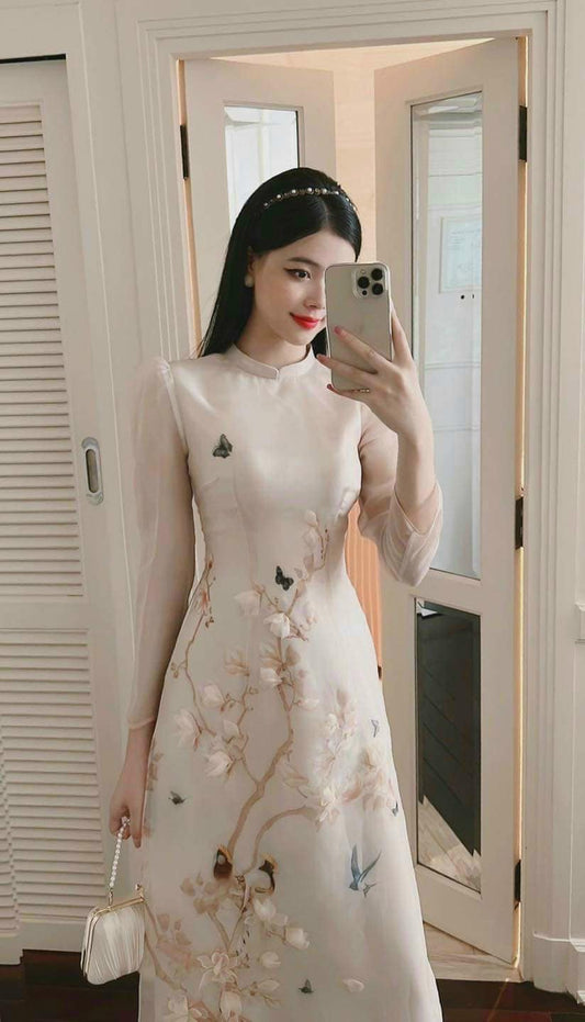 Beige Branches Ao Dai Set