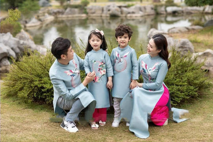Family Blue Embroidery Ao Dai Set