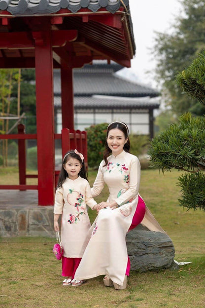 Family Cream Embroidery Ao Dai Set