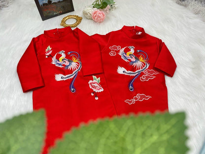 Family Red Embroidery Ao Dai Set