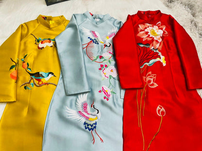 Family Red Embroidery Ao Dai Set