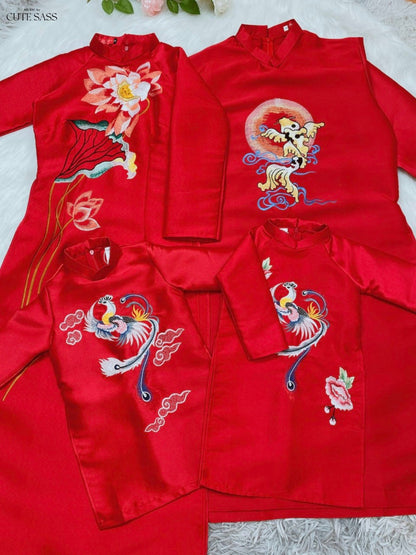 Family Red Embroidery Ao Dai Set