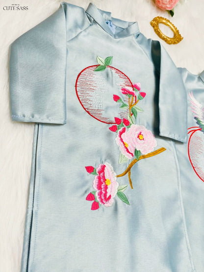 Family Blue Embroidery Ao Dai Set