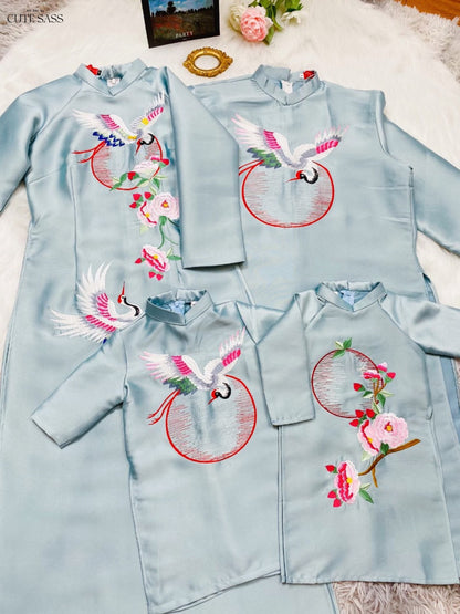 Family Blue Embroidery Ao Dai Set