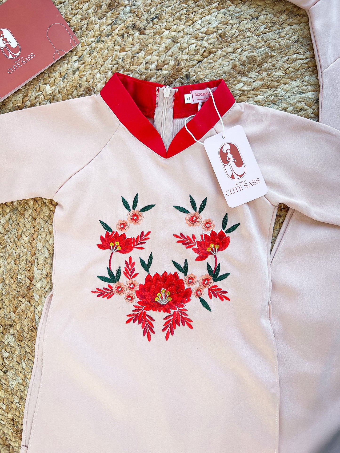 Mom and Daughter Pink / Red Embroidery Matching Ao Dai Set