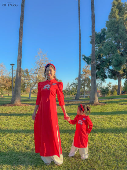 Family Red Embroidery Ao Dai Set (No Headband)