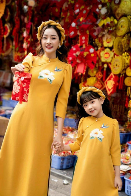 Family Yellow Embroidery Ao Dai Set (No Headband)