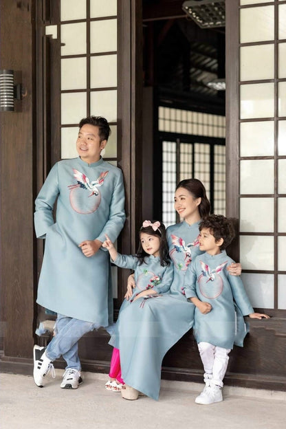 Family Blue Embroidery Ao Dai Set