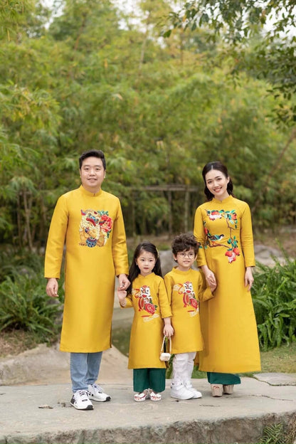Family Yellow Embroidery Ao Dai Set