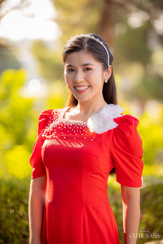 Red Square Neck 3D Flowers Silk Ao Dai Set