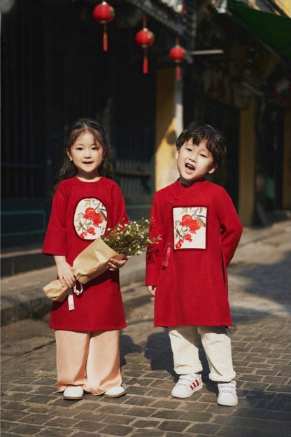 Sibling Orange Red Pom Ao Dai Set