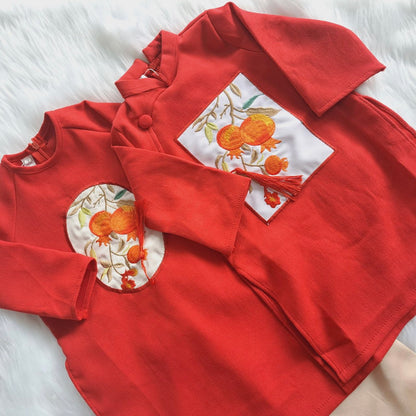 Sibling Orange Red Pom Ao Dai Set