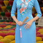 Blue Embroidery Moon Ao Dai Set