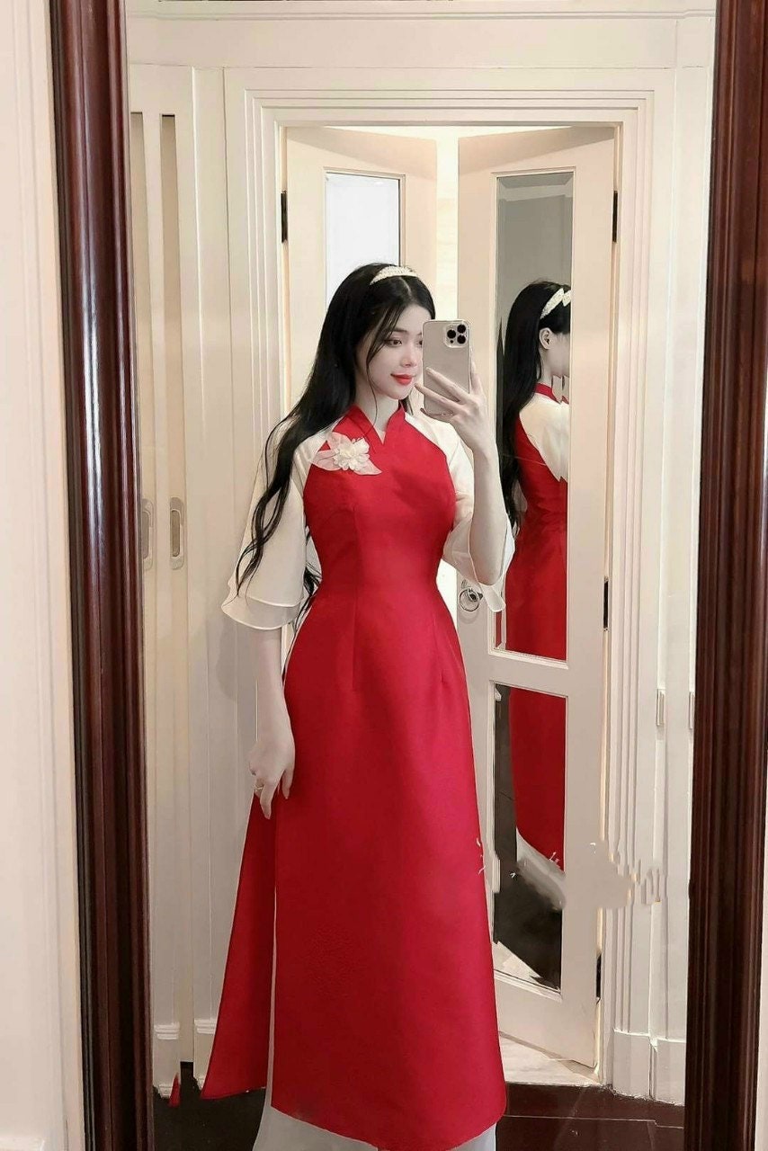 Red with 3D Flower Pin Ao Dai Set