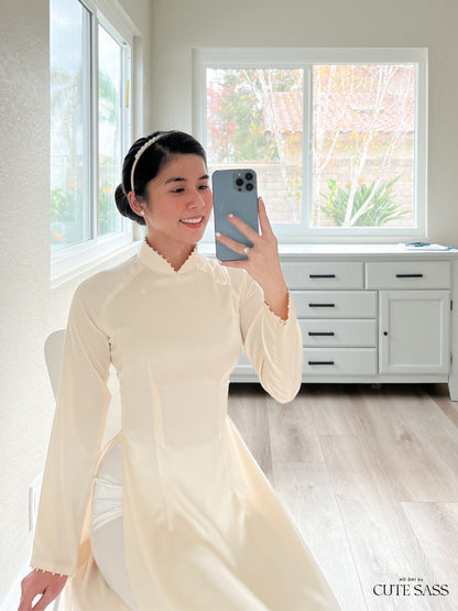 Cream High Collar Pearl Ao Dai Set | Pre-made Traditional Vietnamese Ao Dai| Lunar New Year| Ao Dai Truyen Thong| Women Ao Dai with Pants