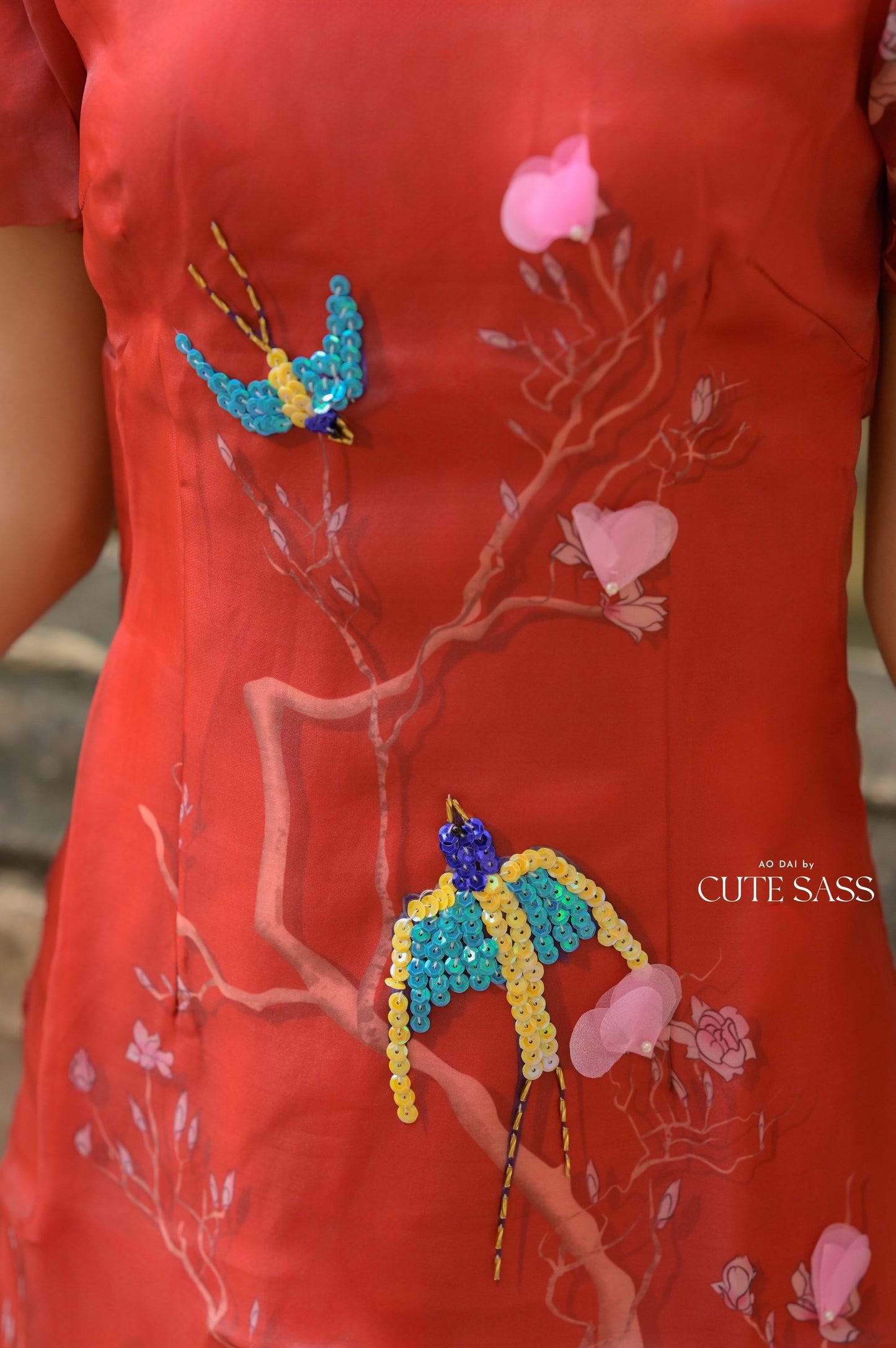 Red Puffy Sleeve Sparkle Spring Branches Ao Dai Set