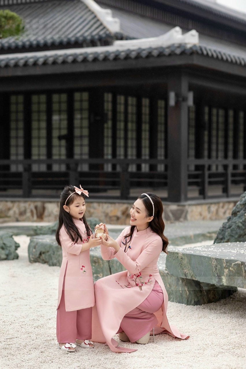 Mom and Daughter Blush Embroidery Matching Ao Dai Set (Hot Pink Pants)