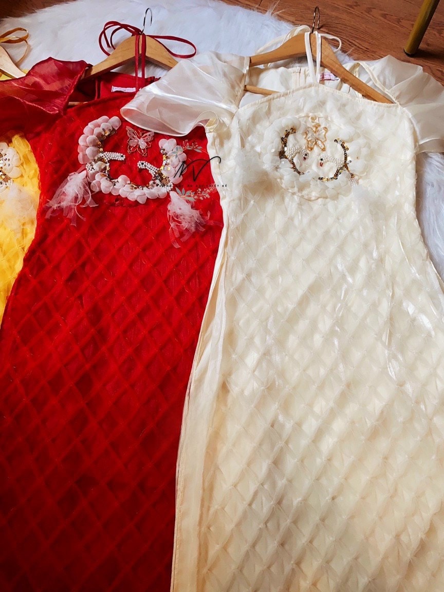 Cream Sparkle Puffy Sleeves Ao Dai Set
