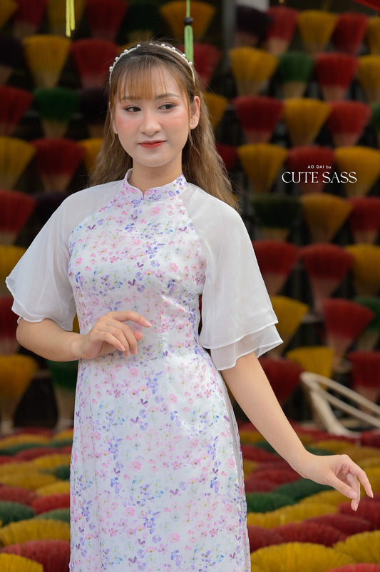 Purple Wing Sleeve Mini Flowers Ao Dai Set