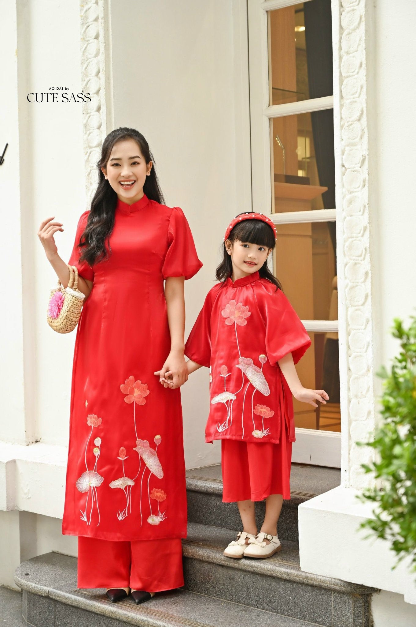 Mom and Daughter Puffy Sleeve Red Lotus Ao Dai Set