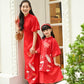 Mom and Daughter Puffy Sleeve Red Lotus Ao Dai Set
