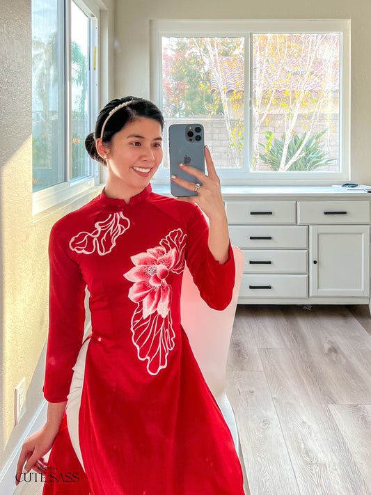 Red Embroidery Lotus Ao Dai Set