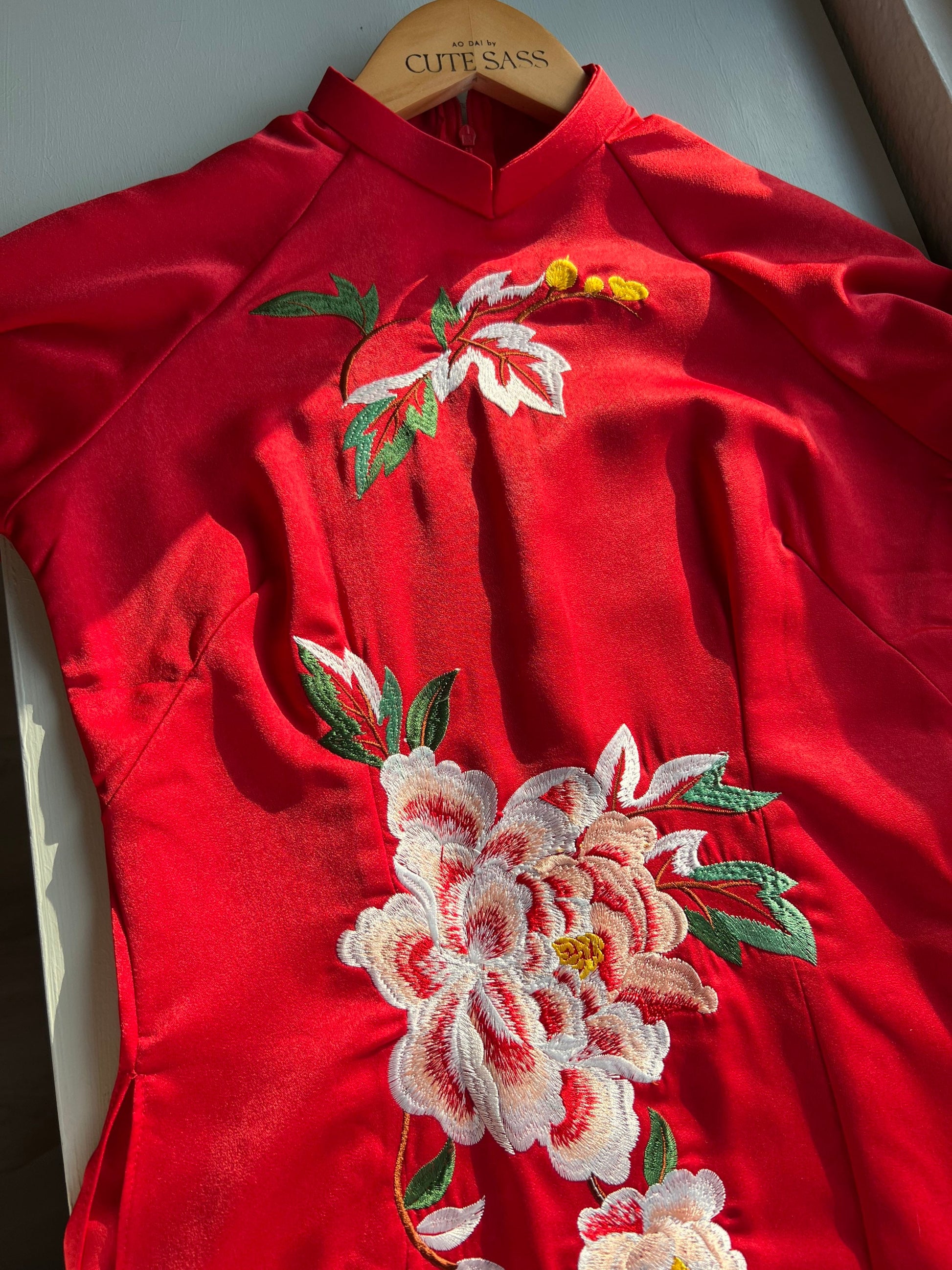 Red Embroidery Peony Ao Dai Set