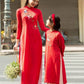 Mom and Daughter Red Embroidery Ao Dai Set