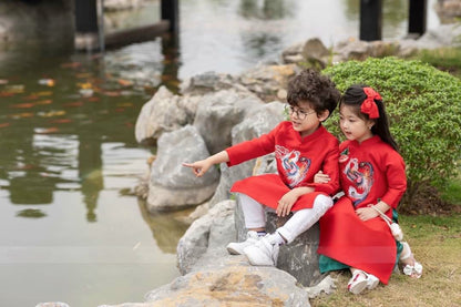 Family Red Embroidery Ao Dai Set