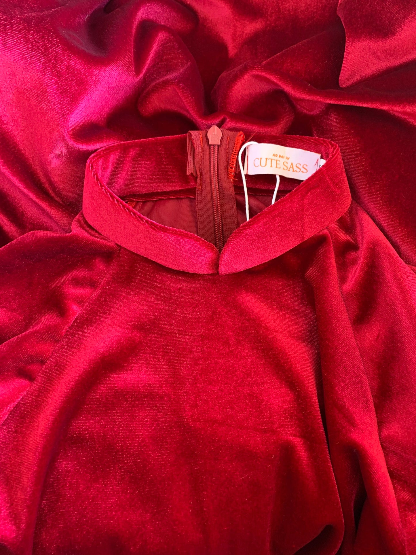 Champagne Red Velvet Plain Ao Dai Top Only, NO PANTS
