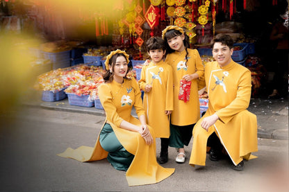 Family Yellow Embroidery Ao Dai Set (No Headband)